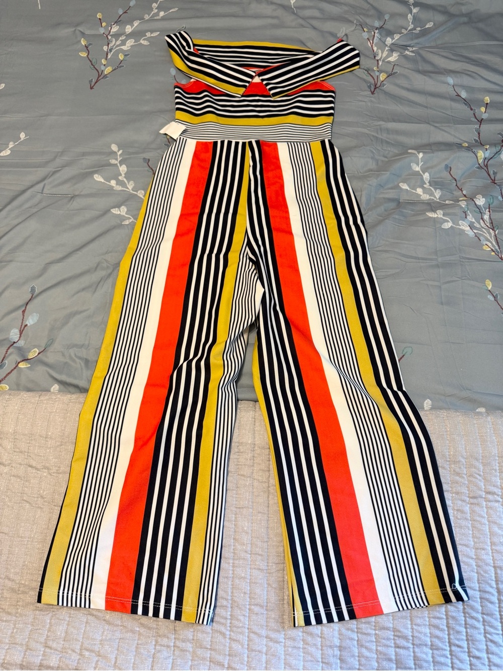 privy Multicolor Striped Maxi Jumpsuit in Black, White, Red & Yellow.